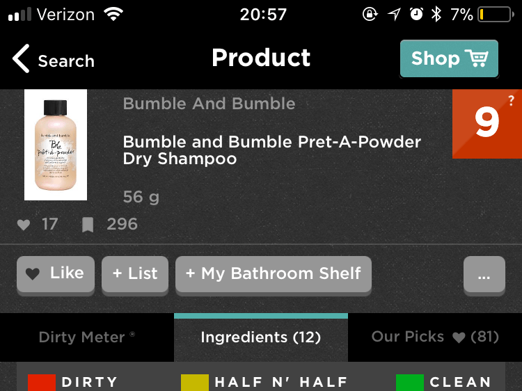 Think Dirty app- Bumble and Bumble dry shampoo